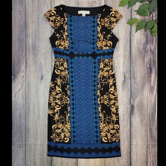 Maggie London Mini dress Paisly Scarf print Stretch Blue Gold Black Sz 6 Petite - Picture 3 of 15